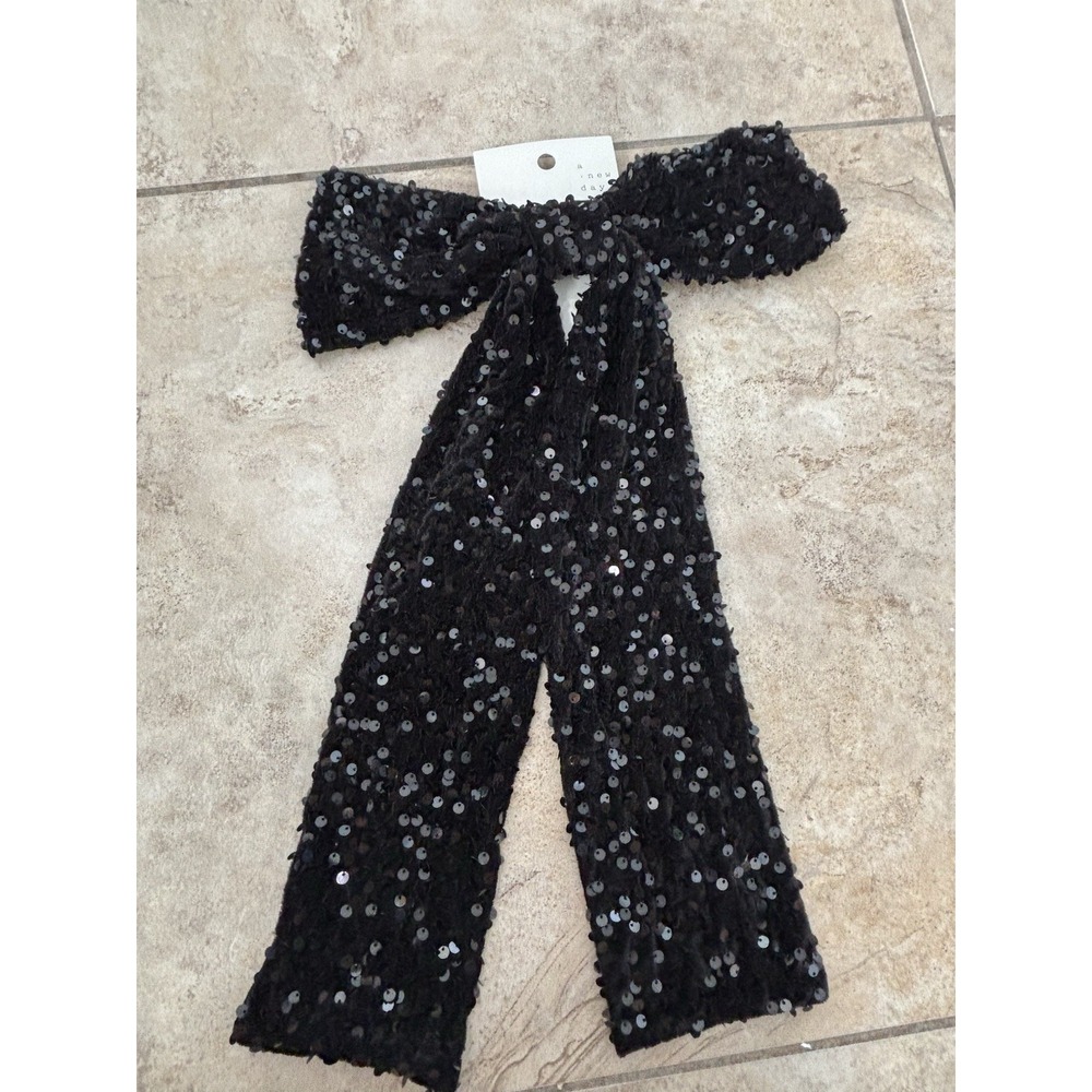 A New Day Bow Hair Clips Set of 2‎ Black Sequin Rhinestone Satin NWT Gift - Picture 2 of 6